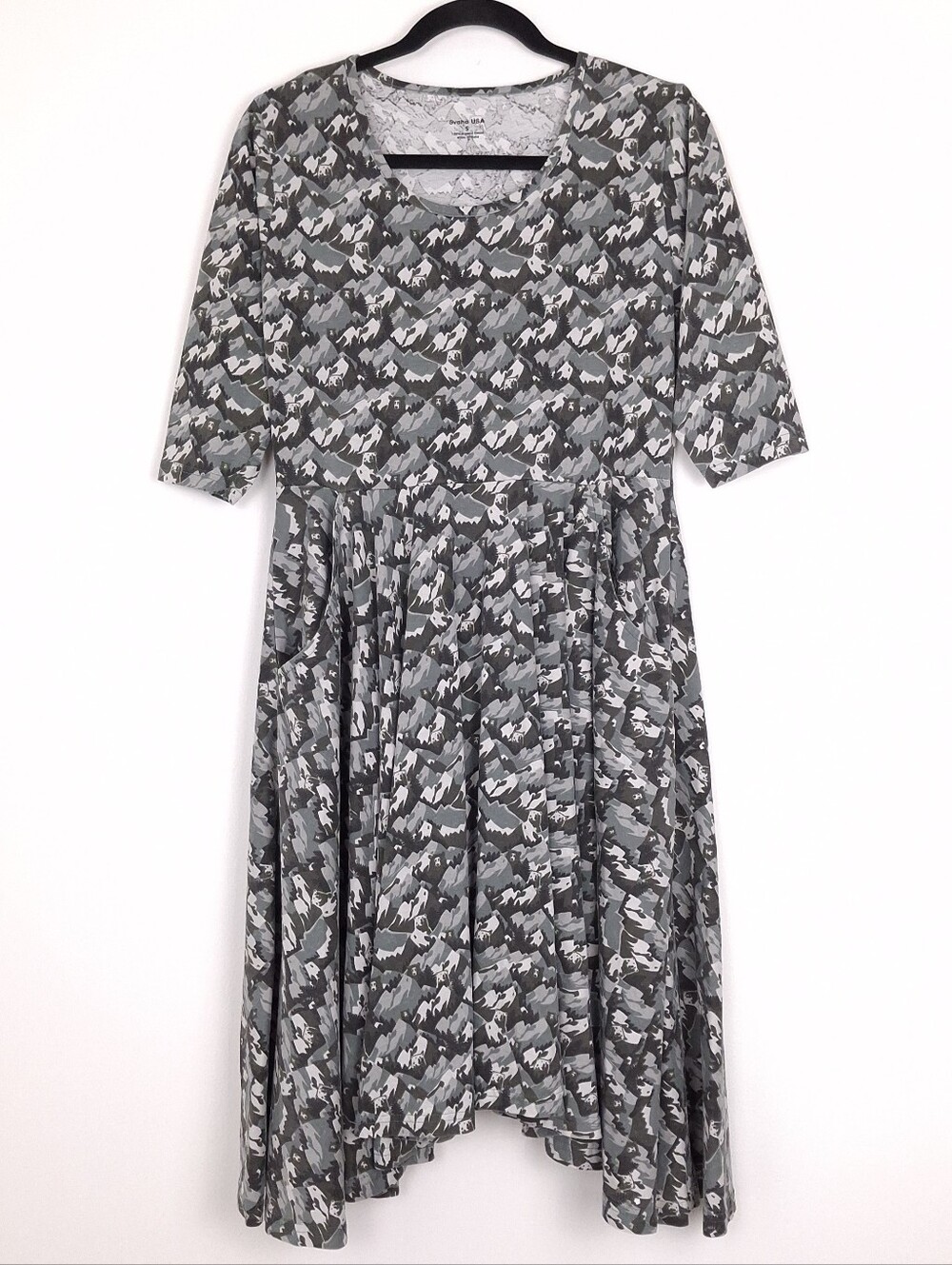 Svaha organic cotton dress Bears and Mountains novelty print pockets half sleeve